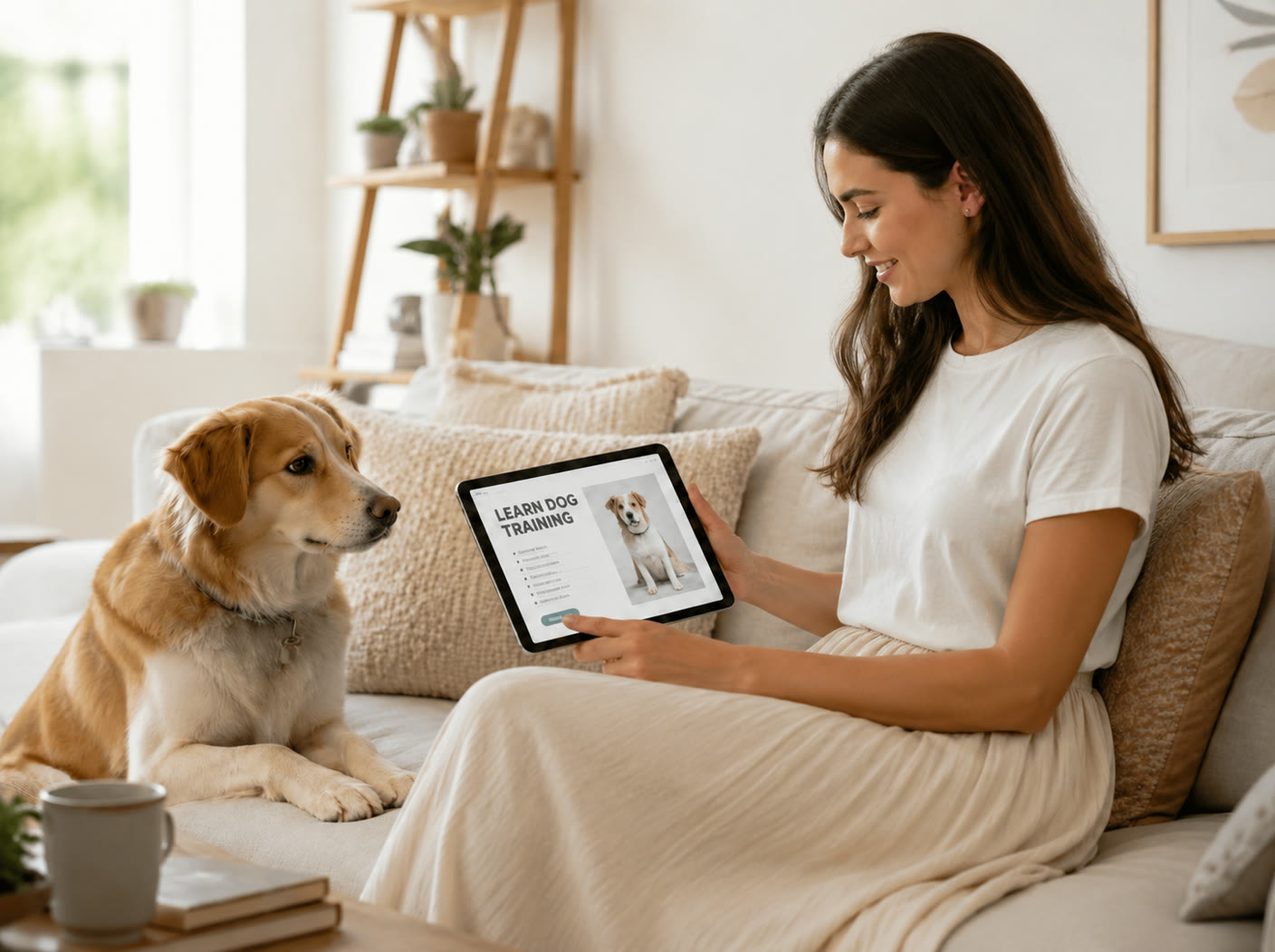 A woman reading a dog training lesson on a tablet while her dog sits beside her